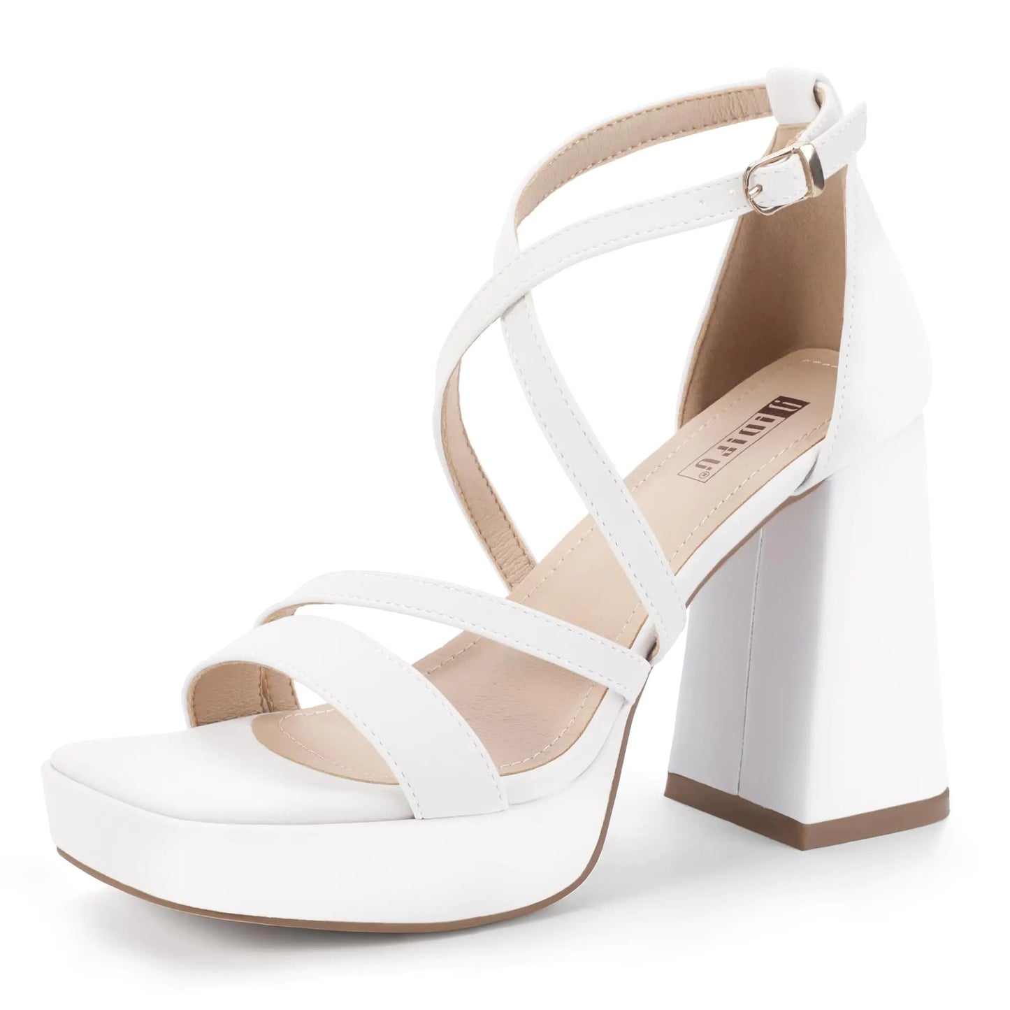 IDIFU White Platform Heels Chunky High Strappy Block Heels Dress Shoes for Women Square Open Toe Wedding Bridal Bride Dressy Cute Comfortable Heeled Sandals Ankle Strap Thick Heels(White Pu 11) - Dakdouksson