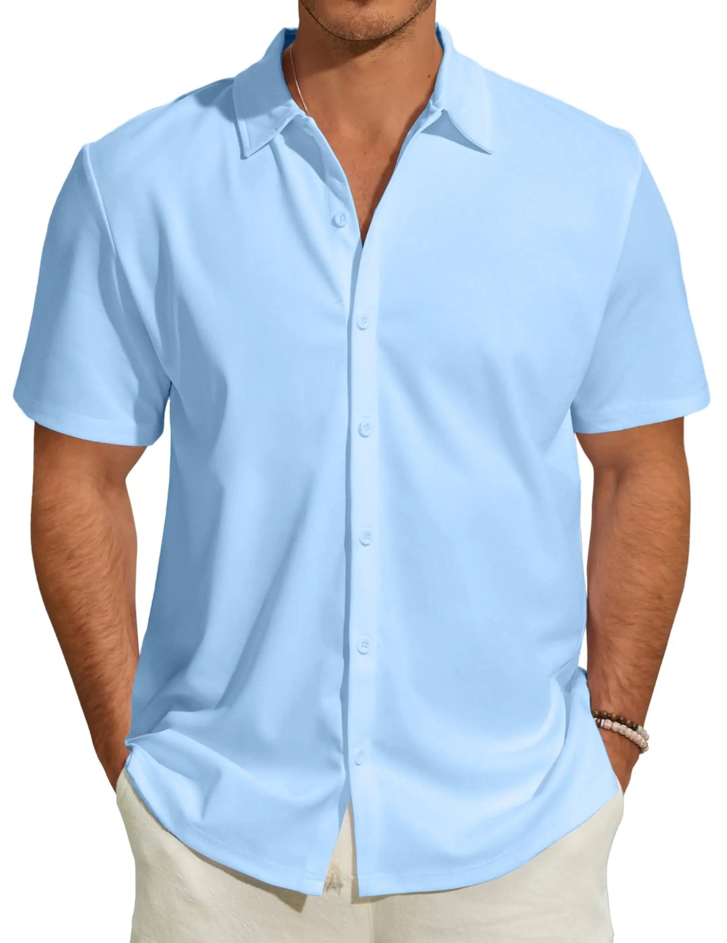 JEKAOYI Mens Short Sleeve Dress Shirts Stretch Wrinkle Free Casual Button Down Solid Formal Top A - Blue - Dakdouksson