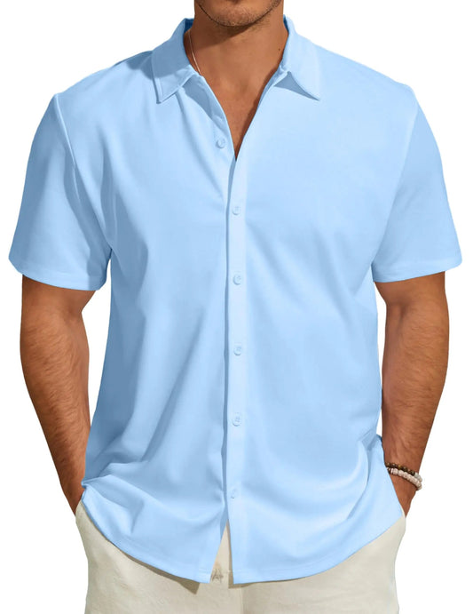 JEKAOYI Mens Short Sleeve Dress Shirts Stretch Wrinkle Free Casual Button Down Solid Formal Top A - Blue - Dakdouksson