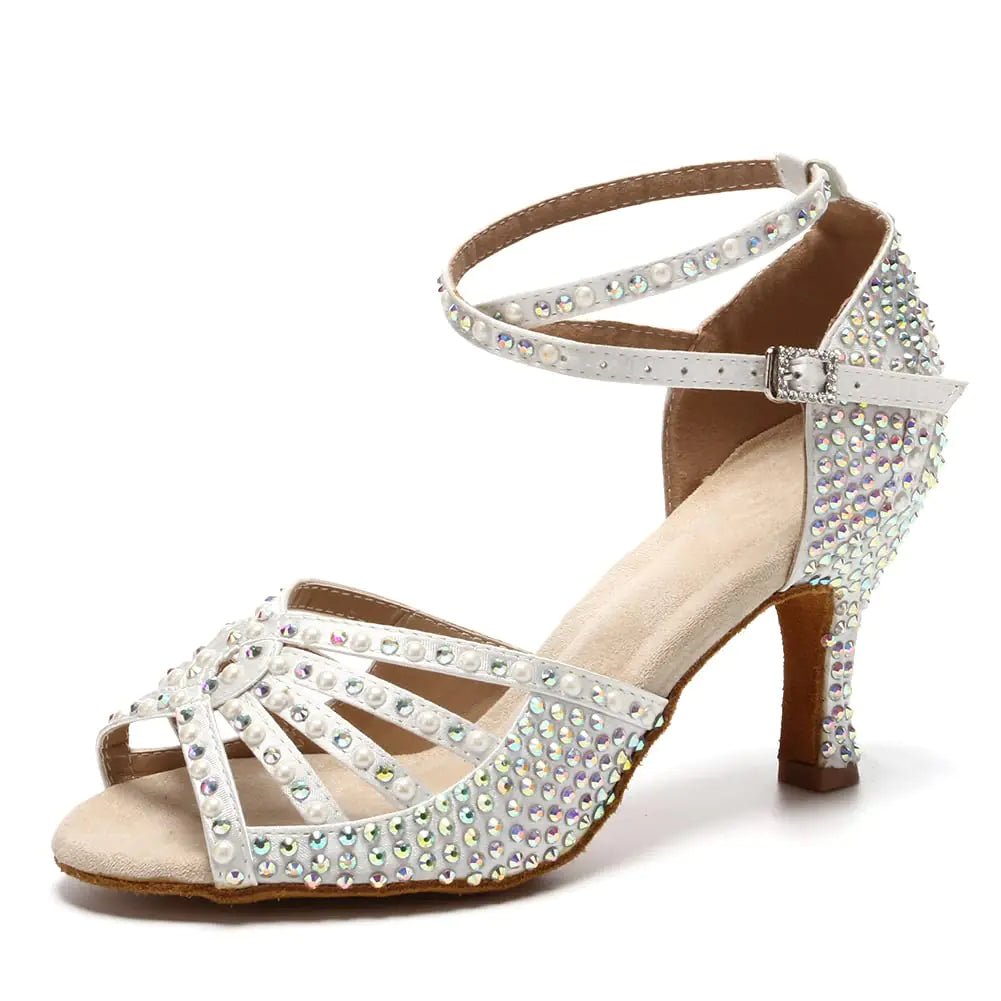 JUODVMP Womens Latin Dance Shoes Rhinestones Satin Ballroom Dance Shoes Salsa Professional Dance ShoesModel 4303 inch HeelWhite9.5 US - Dakdouksson