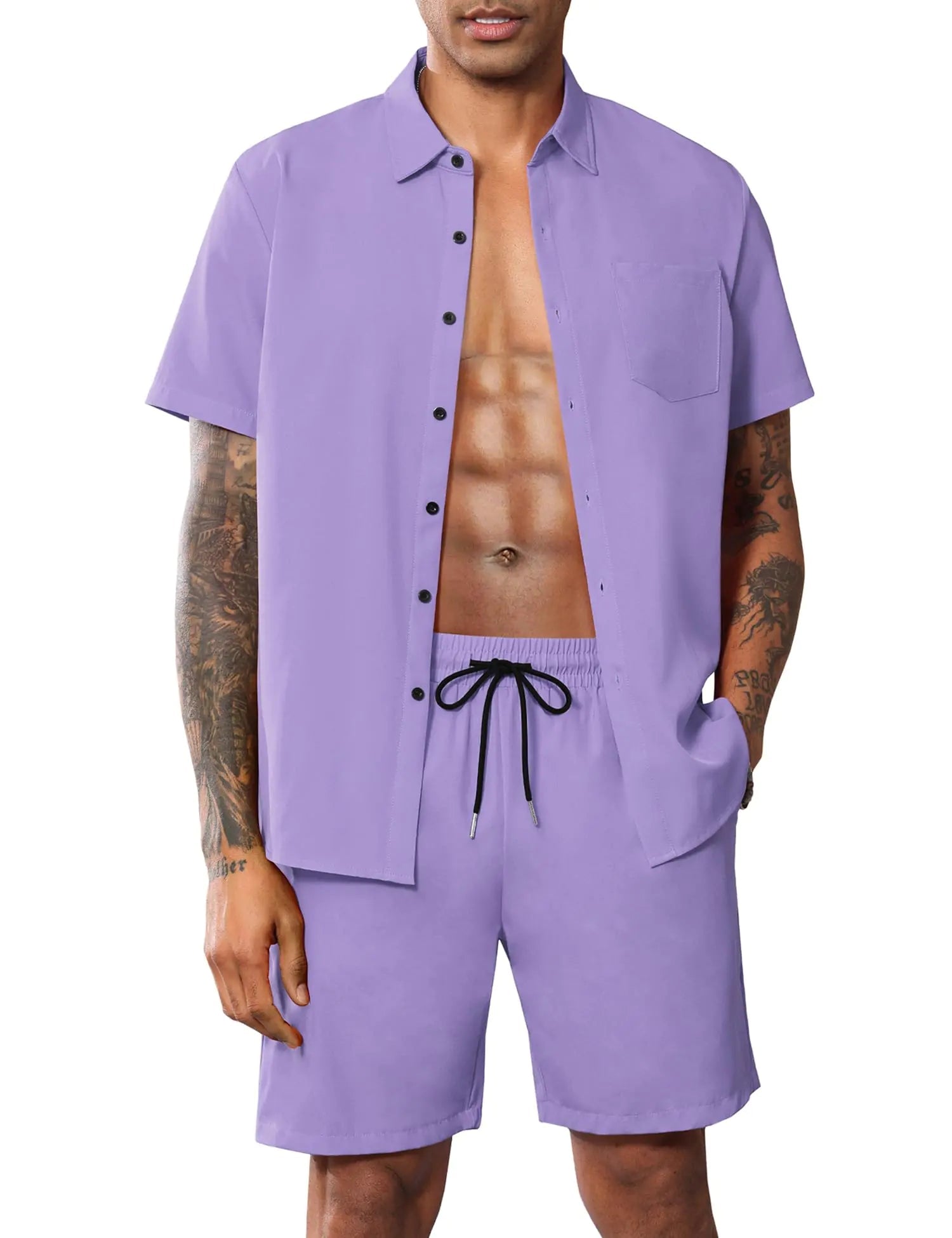 LecGee Men Classic 2 Piece Outfits Casual Short Sleeve Shirts Summer Shorts Button Down Set Rave Clothes(PurpleXL) - Dakdouksson