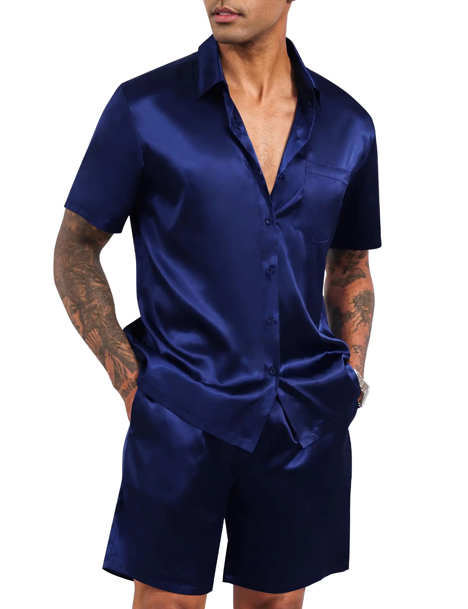 LecGee Mens 2 Piece Satin Tracksuit Short Sleeve Button Down Shirts Silk Party Club Pajama Set(BlueS) - Dakdouksson