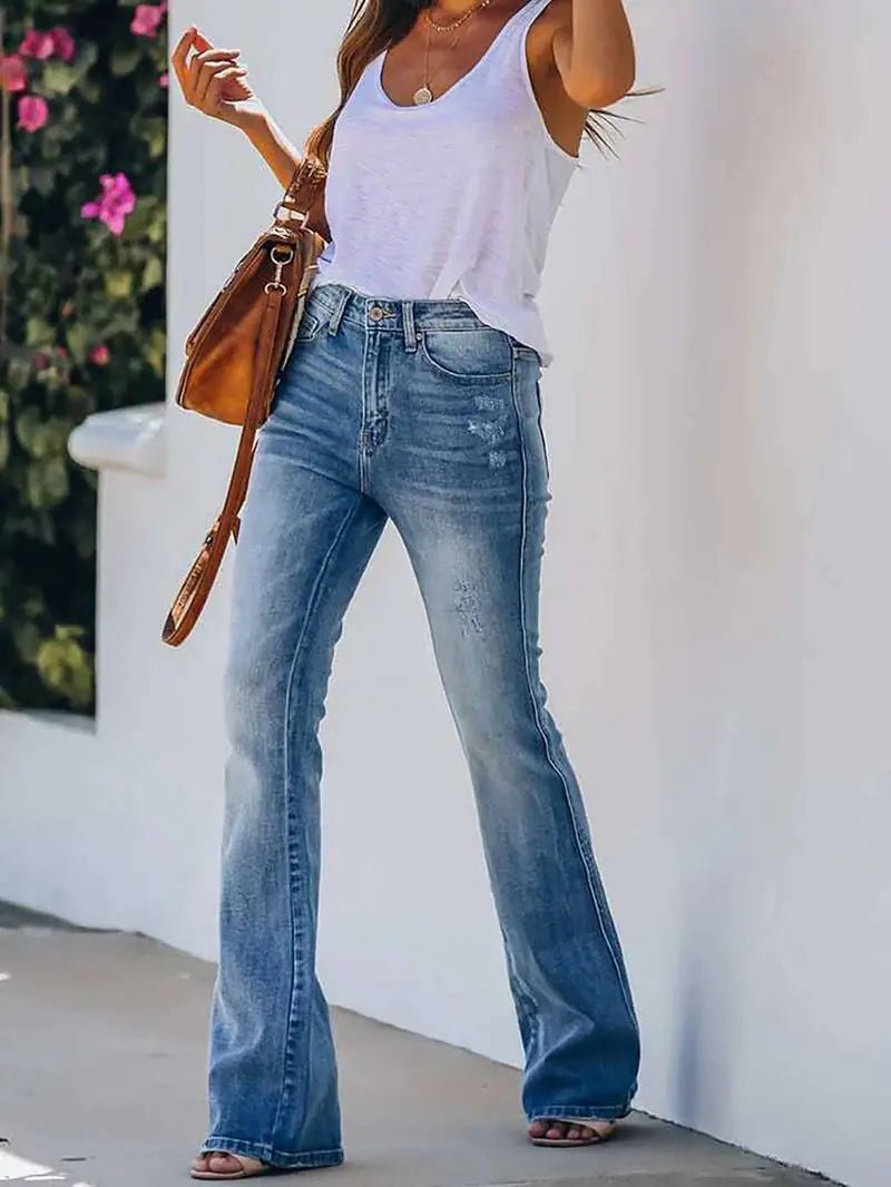 Light Blue High Waist Flare Jeans with Slash Pockets - Dakdouksson