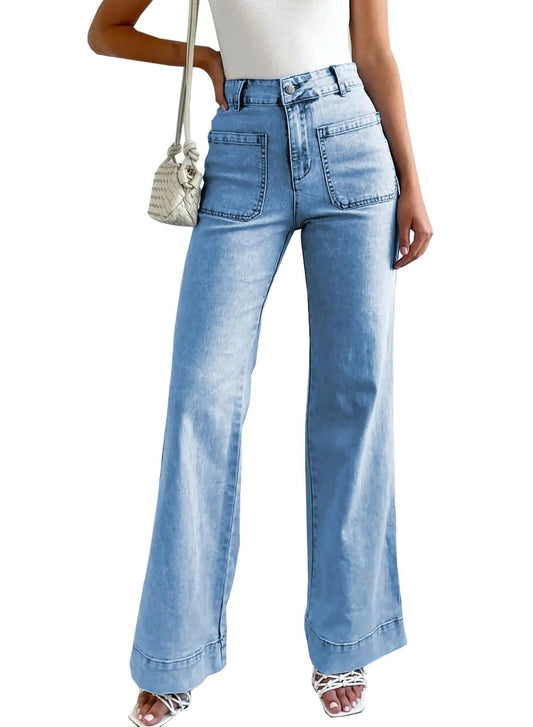 LOLONG Jeans for Women Trendy High Waisted Flare Casual Wide Leg Denim Pants Baggy with Patch Pockets Light Blue - Dakdouksson
