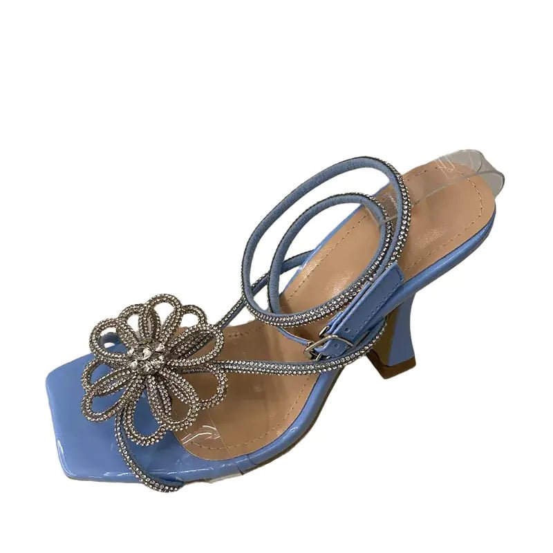 Luxury Rhinestone Floral Strap Chunky Heels Sandals - Dakdouksson