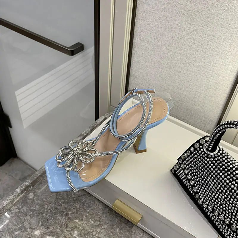 Luxury Rhinestone Floral Strap Chunky Heels Sandals - Dakdouksson