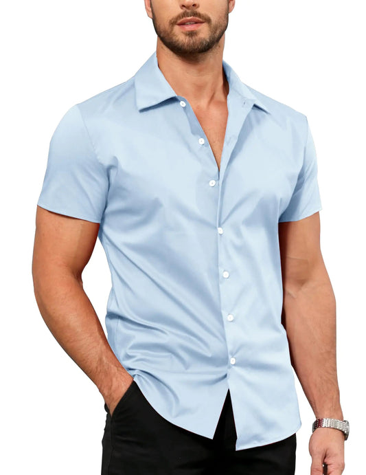 MAPICK Mens Muscle Fit Dress Shirts Short Sleeve Button Down Wrinkle Free Shirt Casual Athletic Stretch Slim Fit Summer Top(Light BlueLarge) - Dakdouksson