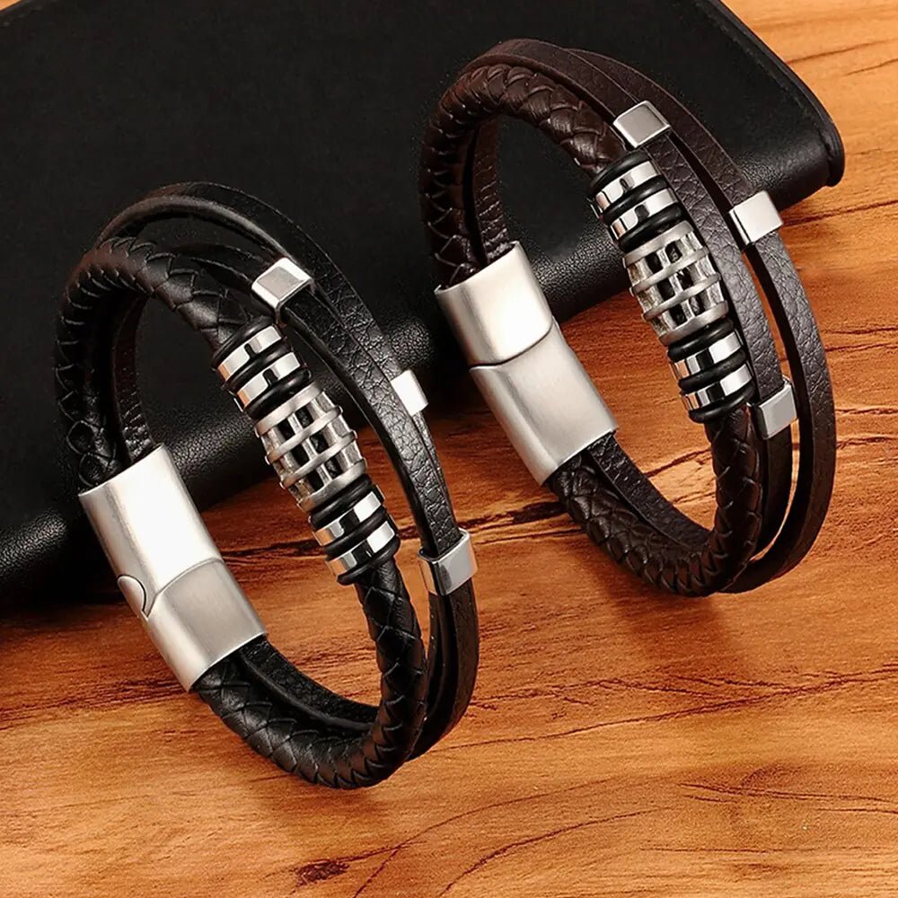 Men's Multi - Layer Leather Bracelet with Stainless Steel - Dakdouksson