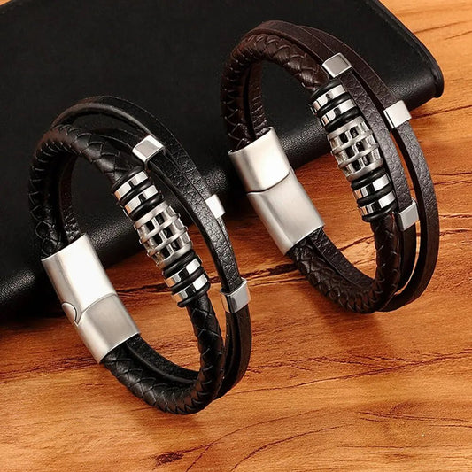 Men's Multi - Layer Leather Bracelet with Stainless Steel - Dakdouksson