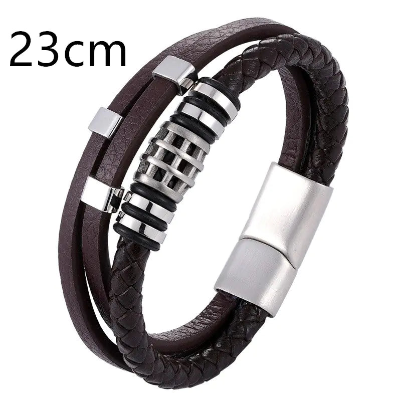Men's Multi - Layer Leather Bracelet with Stainless Steel - Dakdouksson