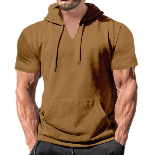 Mens Short Sleeve Hoodies Cotton Blend Summer Lightweight Hooded T-Shirt V Neck Pullover with Kangaroo Pocket Polo Shirt for Men T Shirts Mens Golf Shirts Hawaiian Shirt(CoffeeMedium) - Dakdouksson