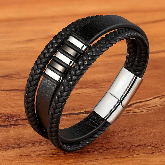 Men's Multi-Layer Braided Leather Bracelet in Stainless Steel