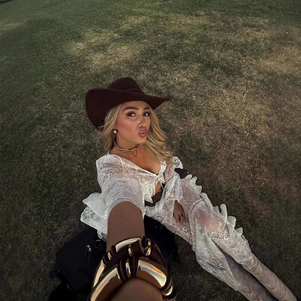 Ruffled Flared Sleeve Lace Navel Sexy Transparent Skirt - Dakdouksson