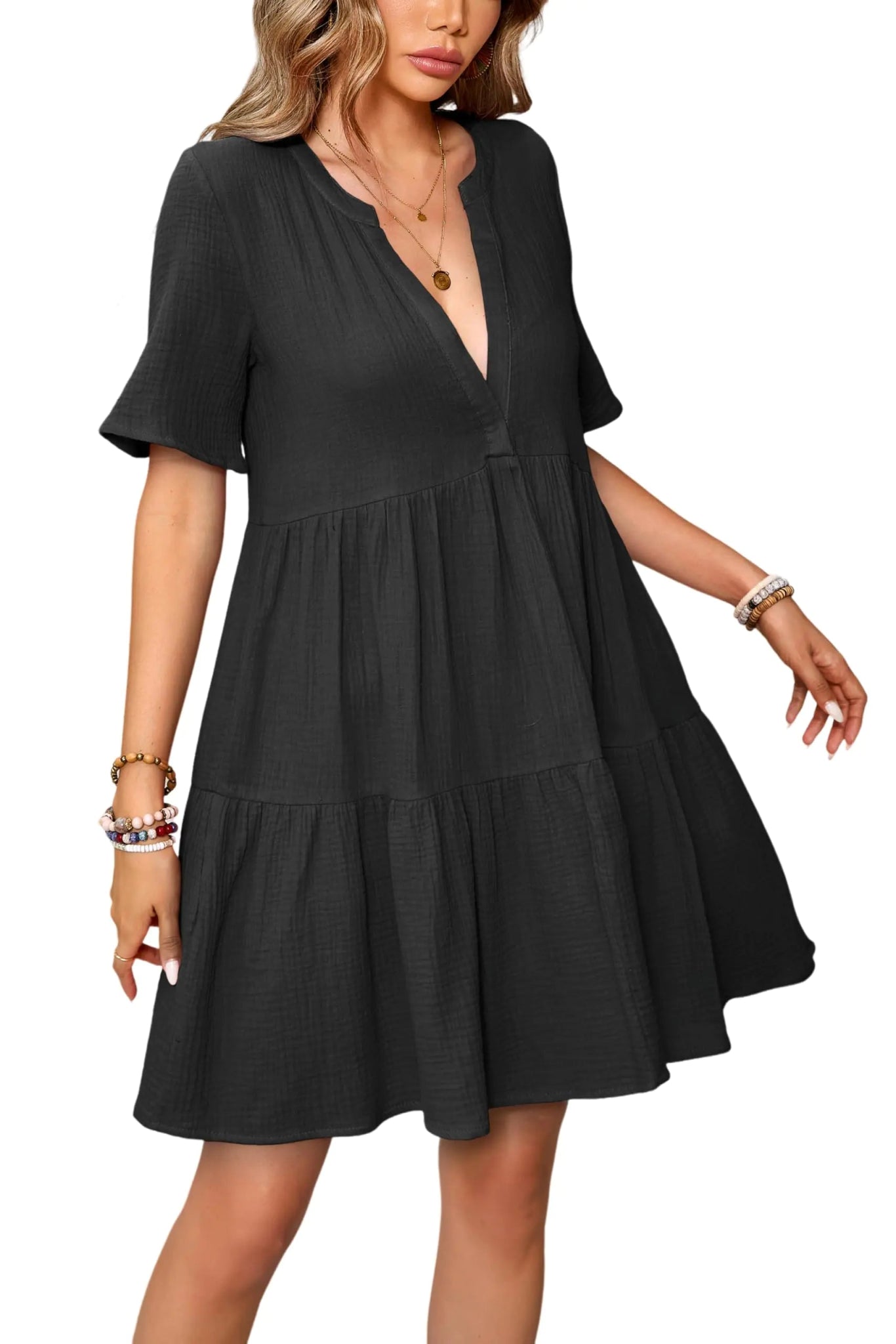 R.Vivimos Womens Summer Cotton Flowy Mini Dress V Neck Short Sleeve Boho Ruffle Tiered Casual Loose Tunic Dress (X - Large Black) - Dakdouksson