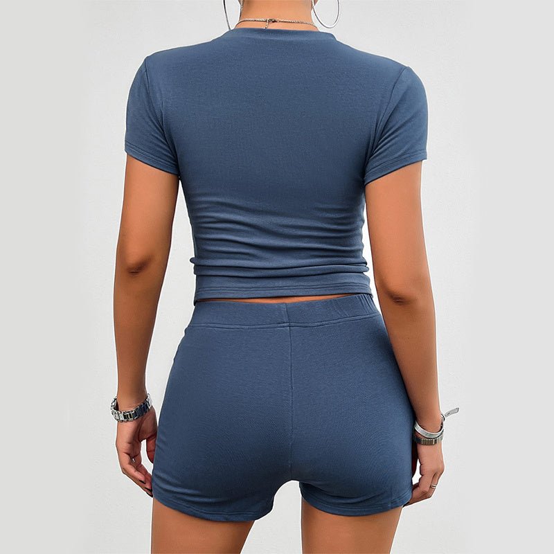 Solid Color Slim Sports Suit Summer 2Pcs Short - sleeved Round Neck T-shirt And Elastic Shorts Fashion Womens Clothing - Dakdouksson