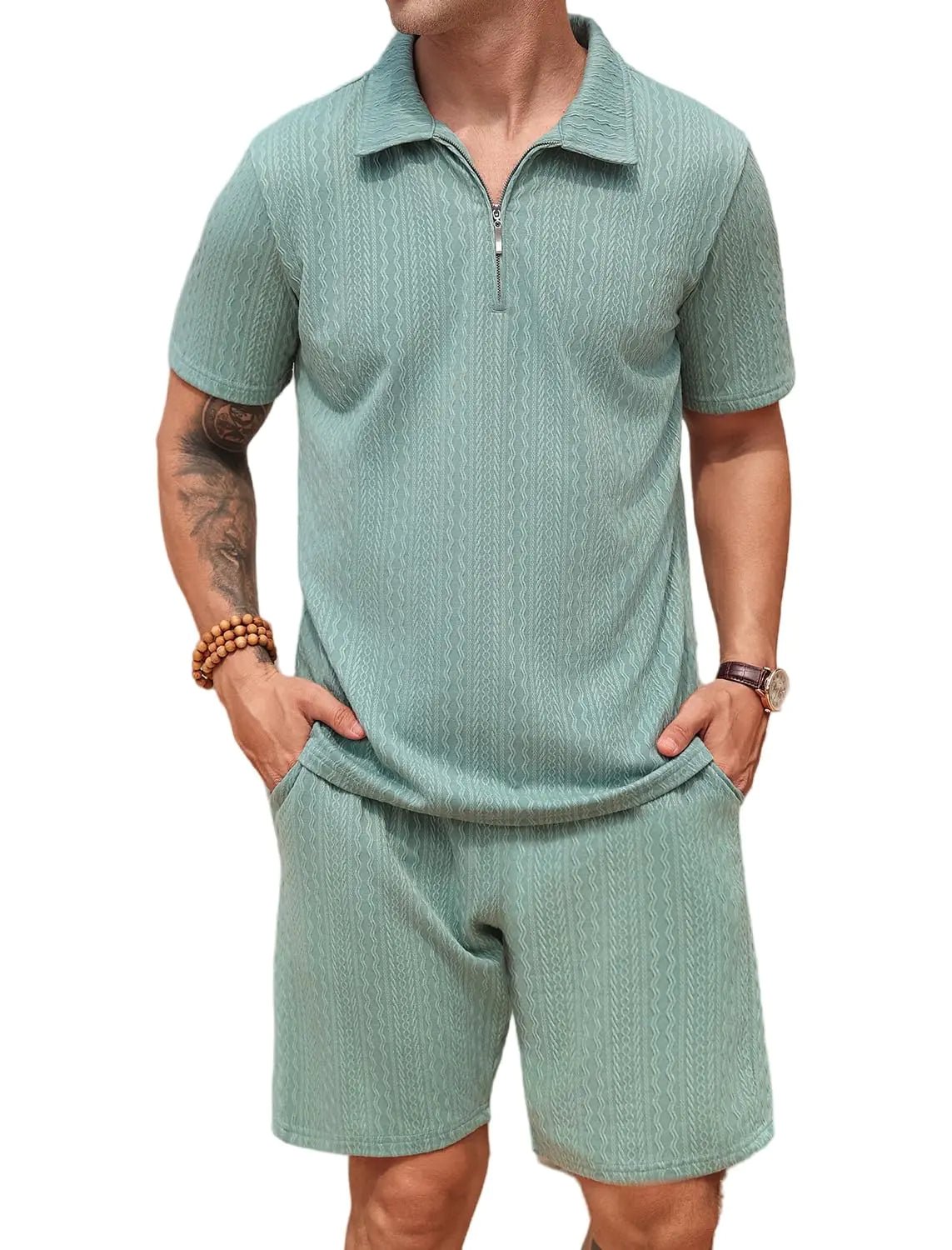 SPKPKEY Men 2 Piece Polo Shirt and Short Outfit Set Casual Tracksuit Green Medium - Dakdouksson