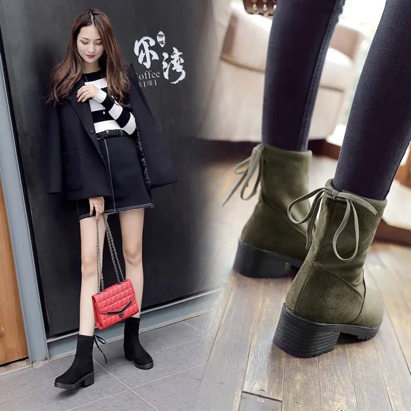 Suede Chunky Heel Slip - Resistant Mid - Calf Martin Boots - Dakdouksson