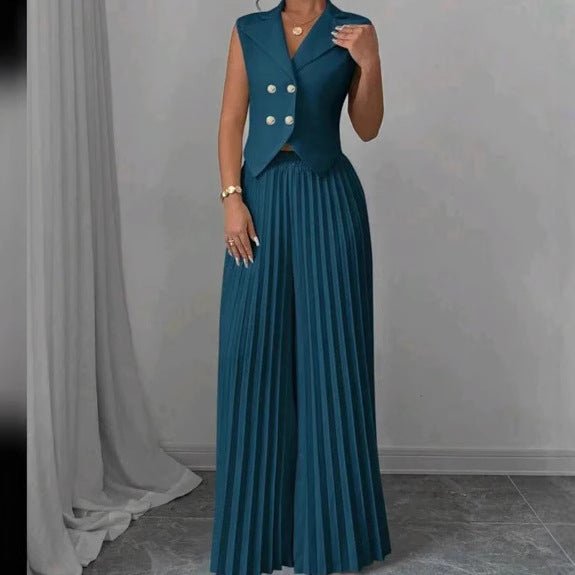 Summer Sleeveless Suit Fashion Lapel Button Vest Top And Pleated Straight Pants Women's Trousers Set Clothing - Dakdouksson