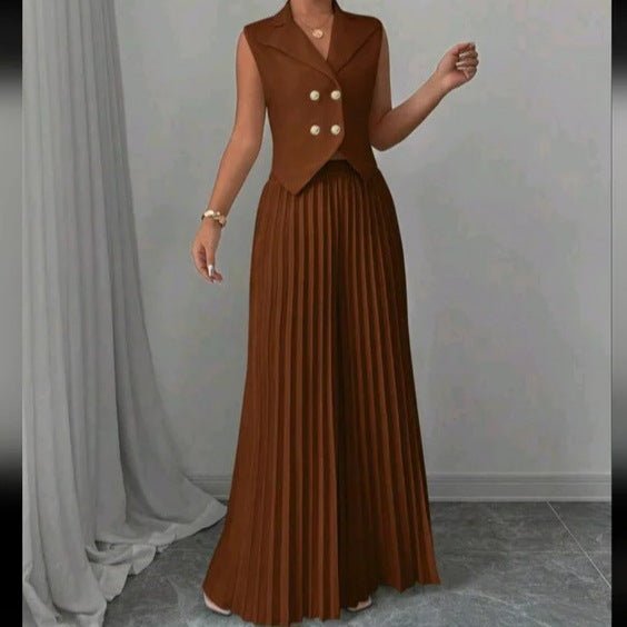 Summer Sleeveless Suit Fashion Lapel Button Vest Top And Pleated Straight Pants Women's Trousers Set Clothing - Dakdouksson
