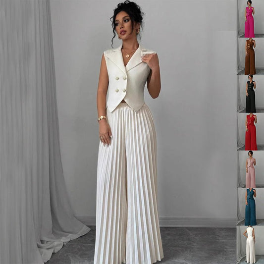 Summer Sleeveless Suit Fashion Lapel Button Vest Top And Pleated Straight Pants Women's Trousers Set Clothing - Dakdouksson