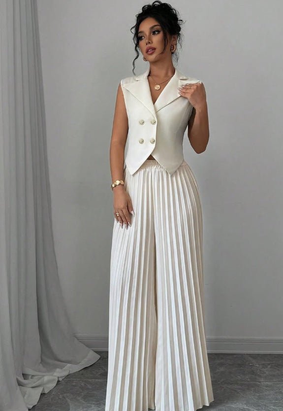 Summer Sleeveless Suit Fashion Lapel Button Vest Top And Pleated Straight Pants Women's Trousers Set Clothing - Dakdouksson