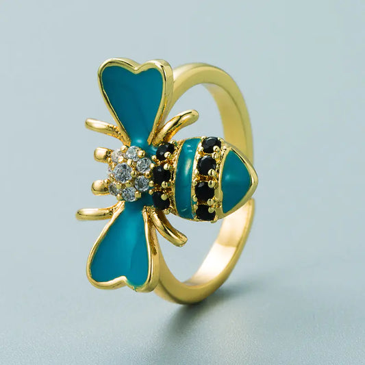 Copper Plated Gold Inlaid Zircon Bee Ring
