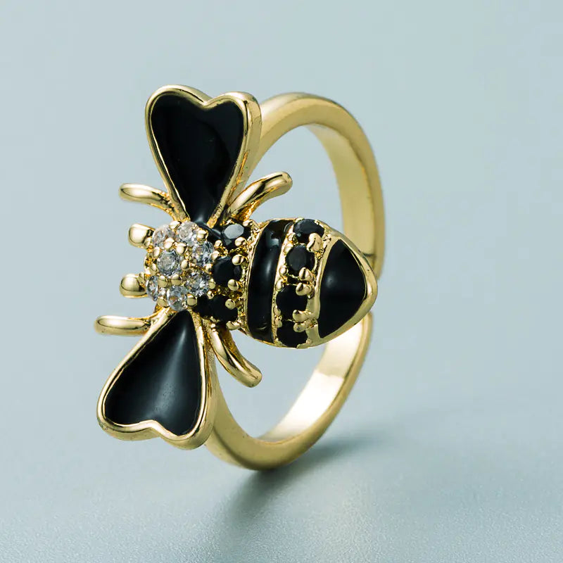 Copper Plated Gold Inlaid Zircon Bee Ring