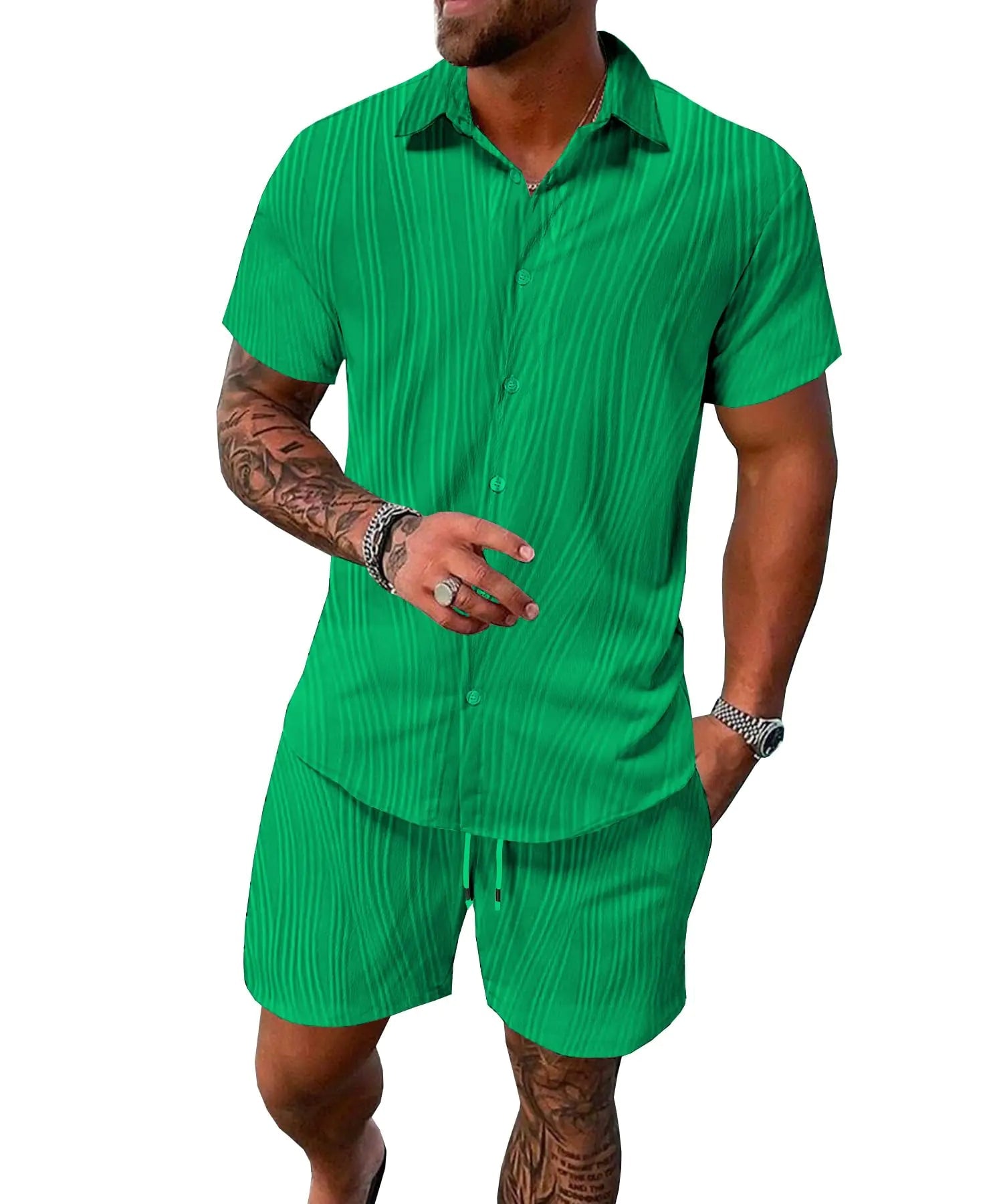 UOUA Summer Outfits for Men 2 Piece Short Sleeve Button Down Shirt & Shorts Set Casual Vacation Beach Tracksuit Emerald Green L - Dakdouksson
