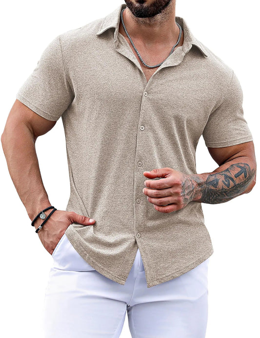 URRU Short Sleeve Button Down Muscle Shirts for Men Summer Wrinkle Free Business Dress Shirt Slim Fit (Khaki XX - Large) - Dakdouksson