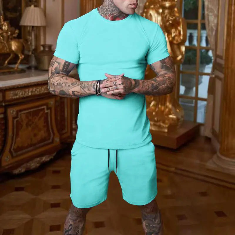 Men's Solid Color Short Sleeve T-Shirt and Shorts Set