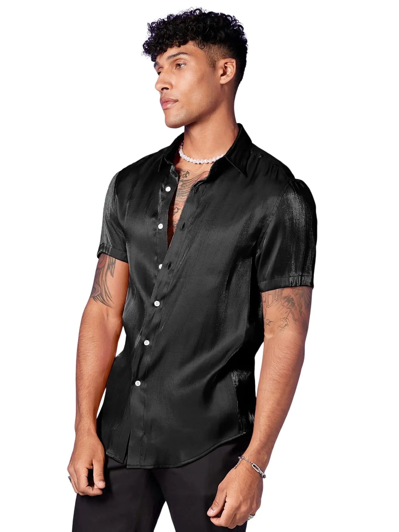 WDIRARA Mens Silk Satin Metallic Button Down Short Sleeve Collared Shirts Rave Disco Club Tops Black Shine XXL - Dakdouksson