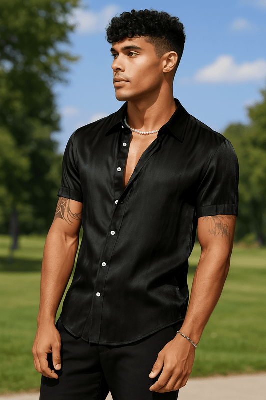 WDIRARA Mens Silk Satin Metallic Button Down Short Sleeve Collared Shirts Rave Disco Club Tops Black Shine XXL - Dakdouksson