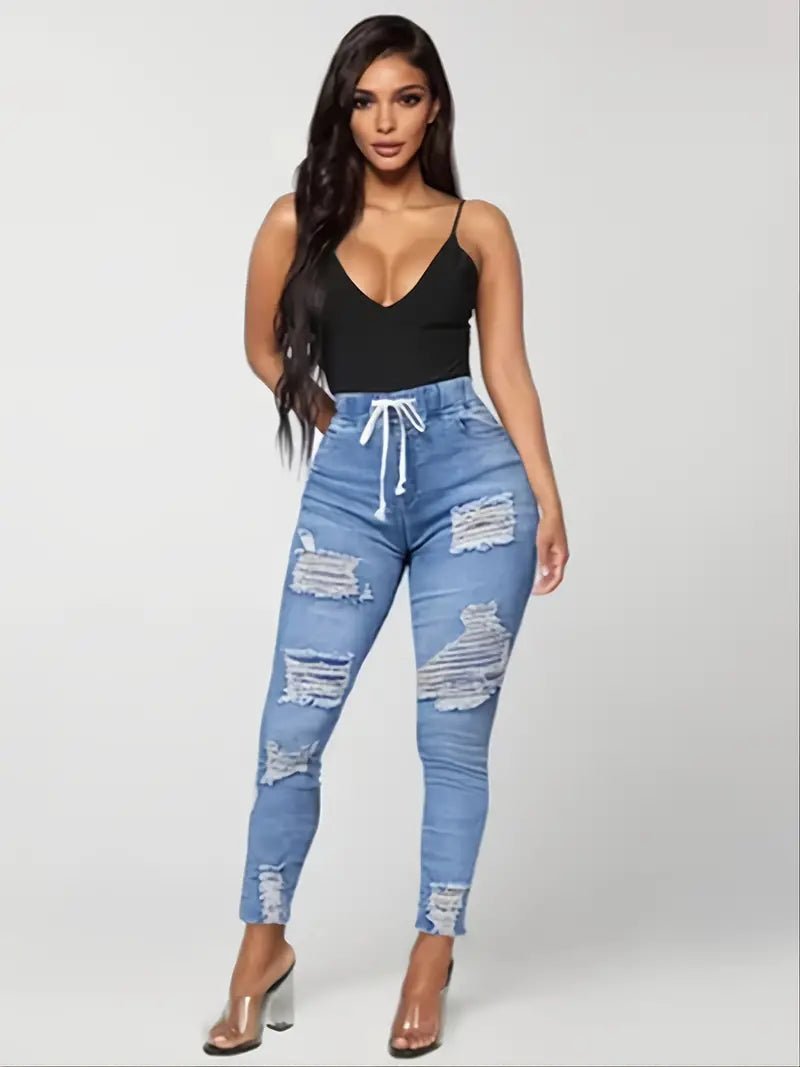 Women's Distressed Slim Fit Denim Jeans with Rips - Dakdouksson