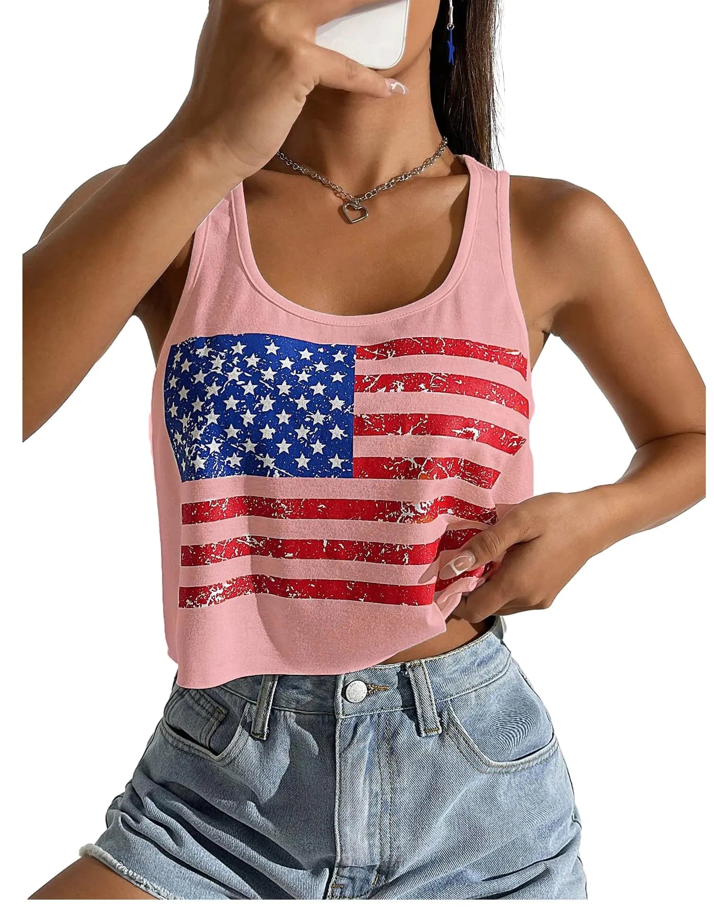 Womens Sexy American Flag Crop Tank 4th of July Patriotic Sleeveless Tee Tops (PinkM) - Dakdouksson