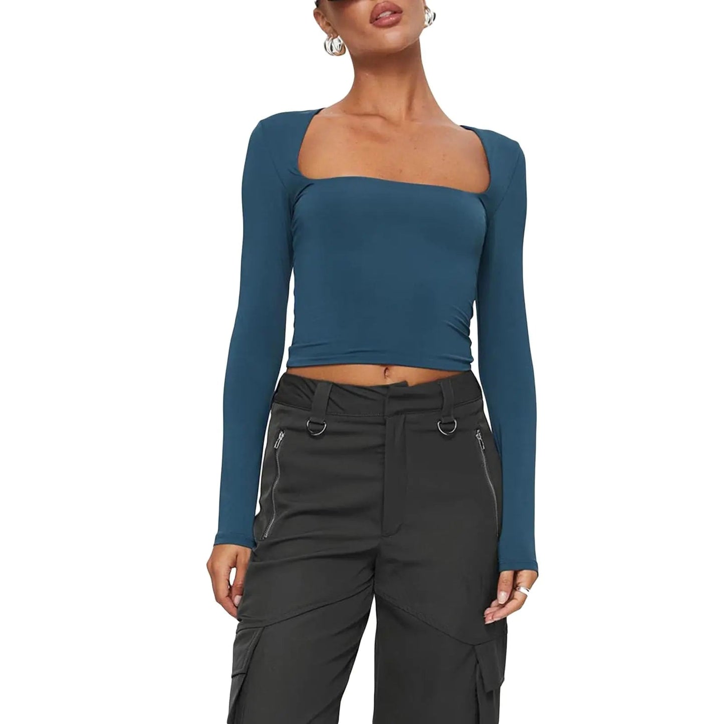 Womens Slim Fit Going Out Crop Tops Casual Solid Color Square Neck Long Sleeve Tight Tee Shirt Basic Streetwear Dark Blue - Dakdouksson