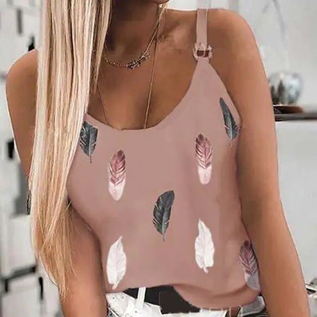 Women's Summer Feather Print Spaghetti Strap Tank Top - Dakdouksson