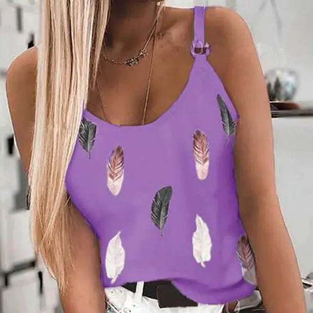 Women's Summer Feather Print Spaghetti Strap Tank Top - Dakdouksson