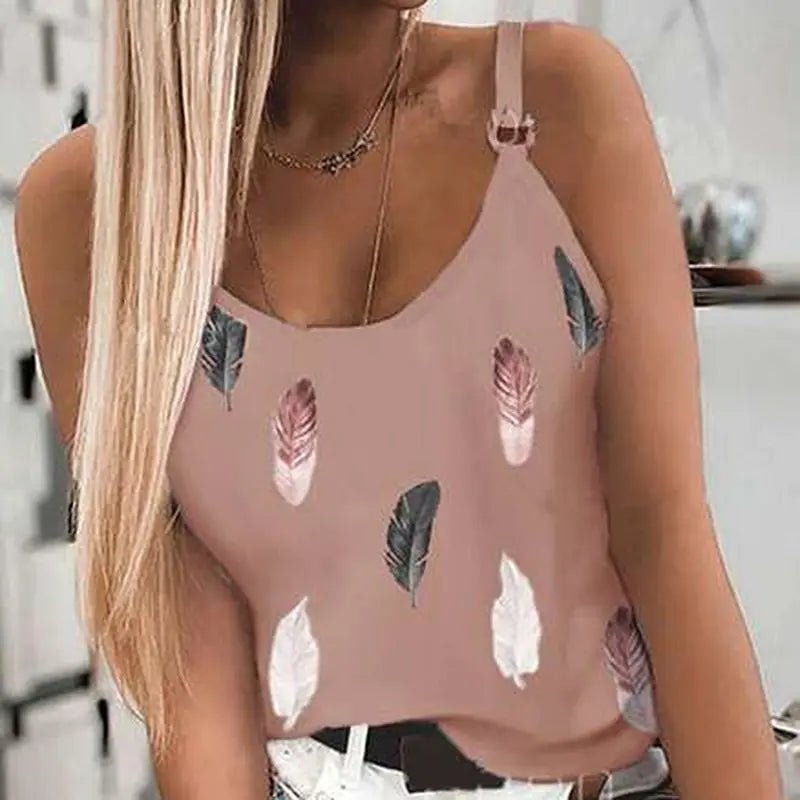 Women's Summer Feather Print Spaghetti Strap Tank Top - Dakdouksson