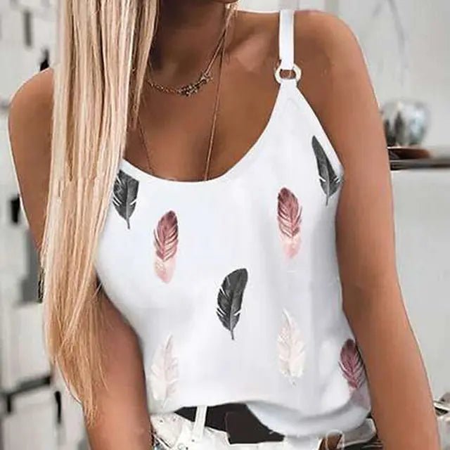 Women's Summer Feather Print Spaghetti Strap Tank Top - Dakdouksson