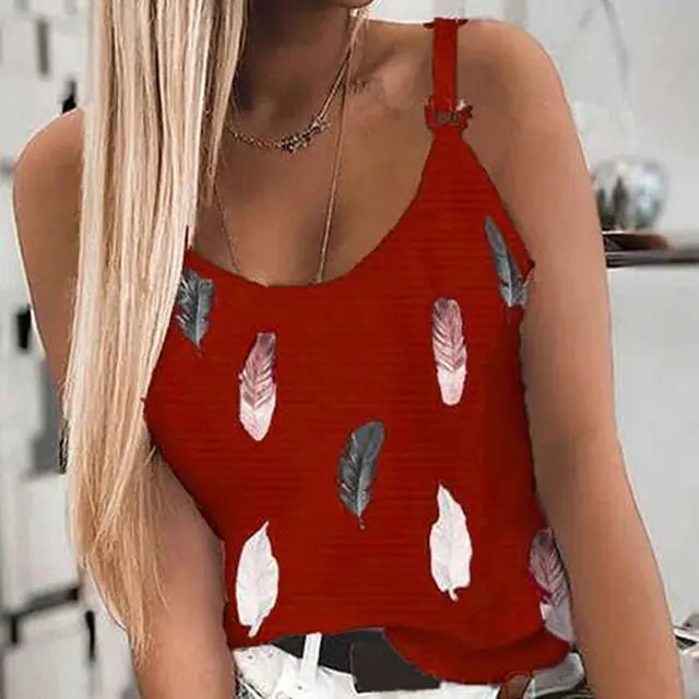 Women's Summer Feather Print Spaghetti Strap Tank Top - Dakdouksson
