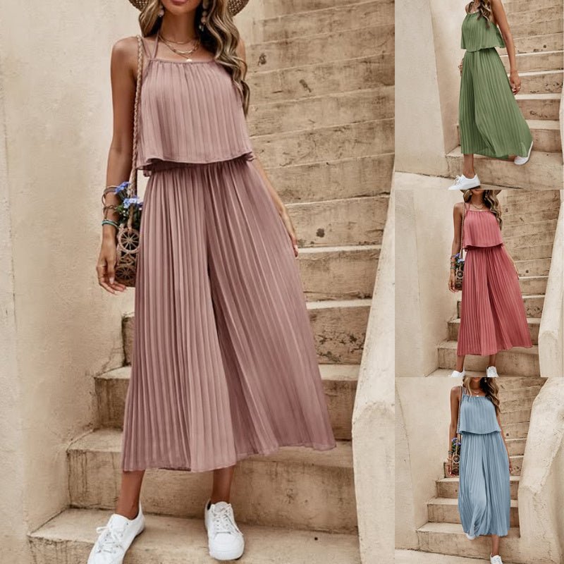 Women's Summer Solid Color Vacation Loose Suit Strap Backless Thin Romper Streetwear INS One - Piece Outfit Beach Style Striped Wide Leg Trousers Casual Suit - Dakdouksson