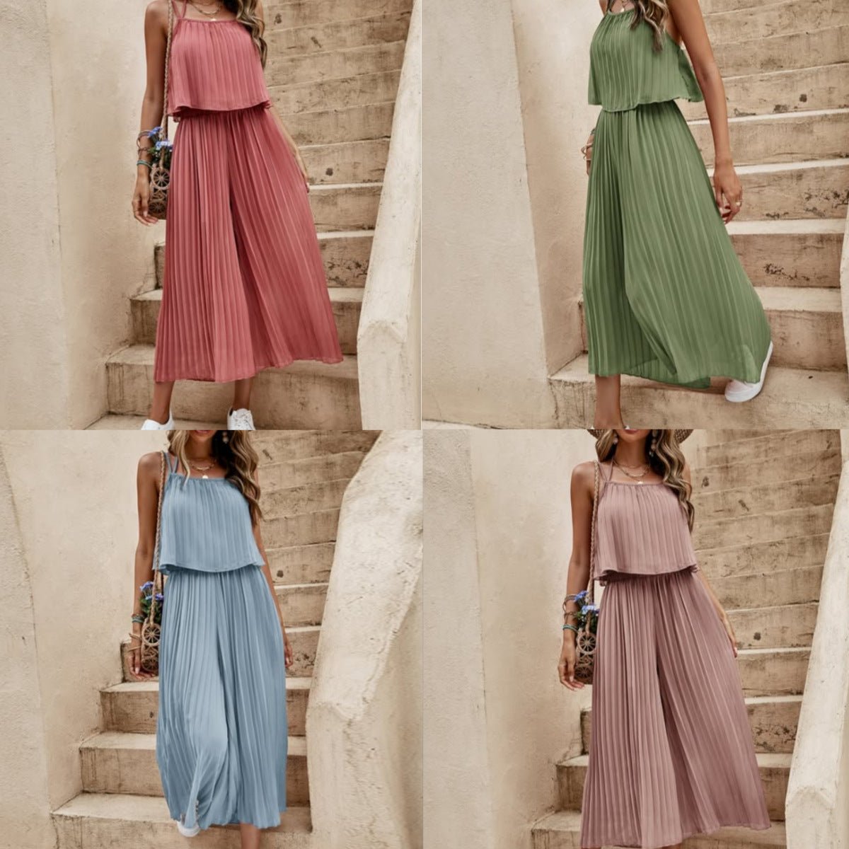 Women's Summer Solid Color Vacation Loose Suit Strap Backless Thin Romper Streetwear INS One - Piece Outfit Beach Style Striped Wide Leg Trousers Casual Suit - Dakdouksson