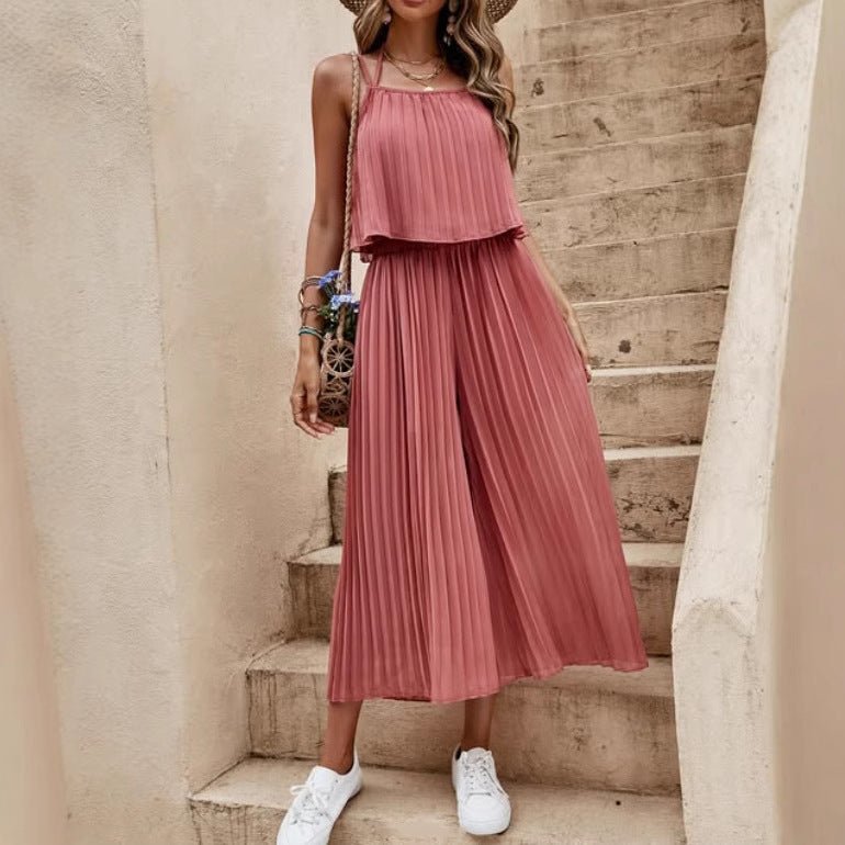 Women's Summer Solid Color Vacation Loose Suit Strap Backless Thin Romper Streetwear INS One - Piece Outfit Beach Style Striped Wide Leg Trousers Casual Suit - Dakdouksson