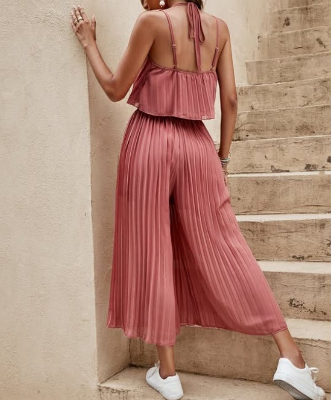 Women's Summer Solid Color Vacation Loose Suit Strap Backless Thin Romper Streetwear INS One - Piece Outfit Beach Style Striped Wide Leg Trousers Casual Suit - Dakdouksson