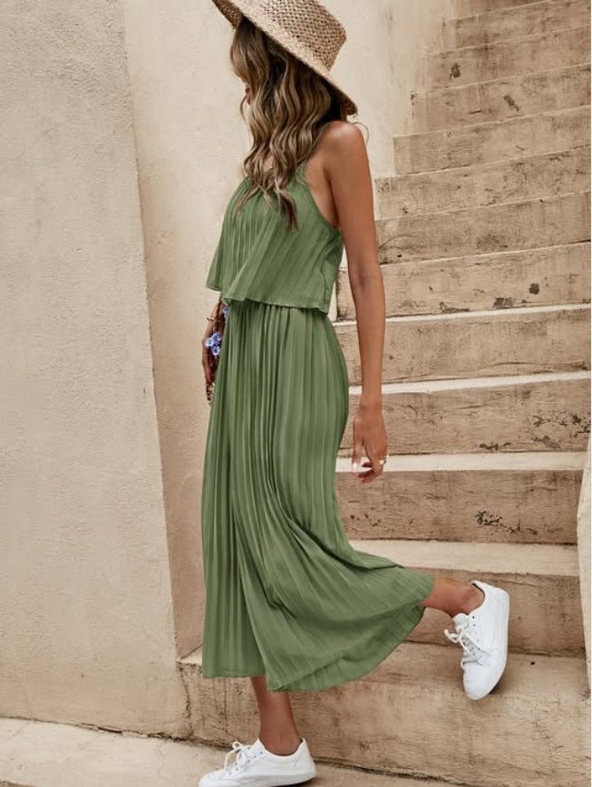 Women's Summer Solid Color Vacation Loose Suit Strap Backless Thin Romper Streetwear INS One - Piece Outfit Beach Style Striped Wide Leg Trousers Casual Suit - Dakdouksson