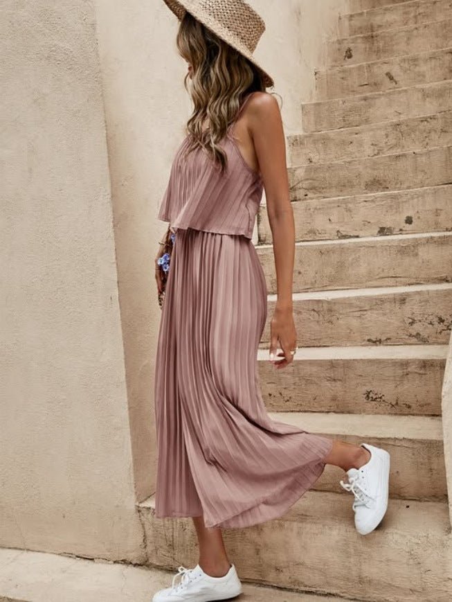 Women's Summer Solid Color Vacation Loose Suit Strap Backless Thin Romper Streetwear INS One - Piece Outfit Beach Style Striped Wide Leg Trousers Casual Suit - Dakdouksson