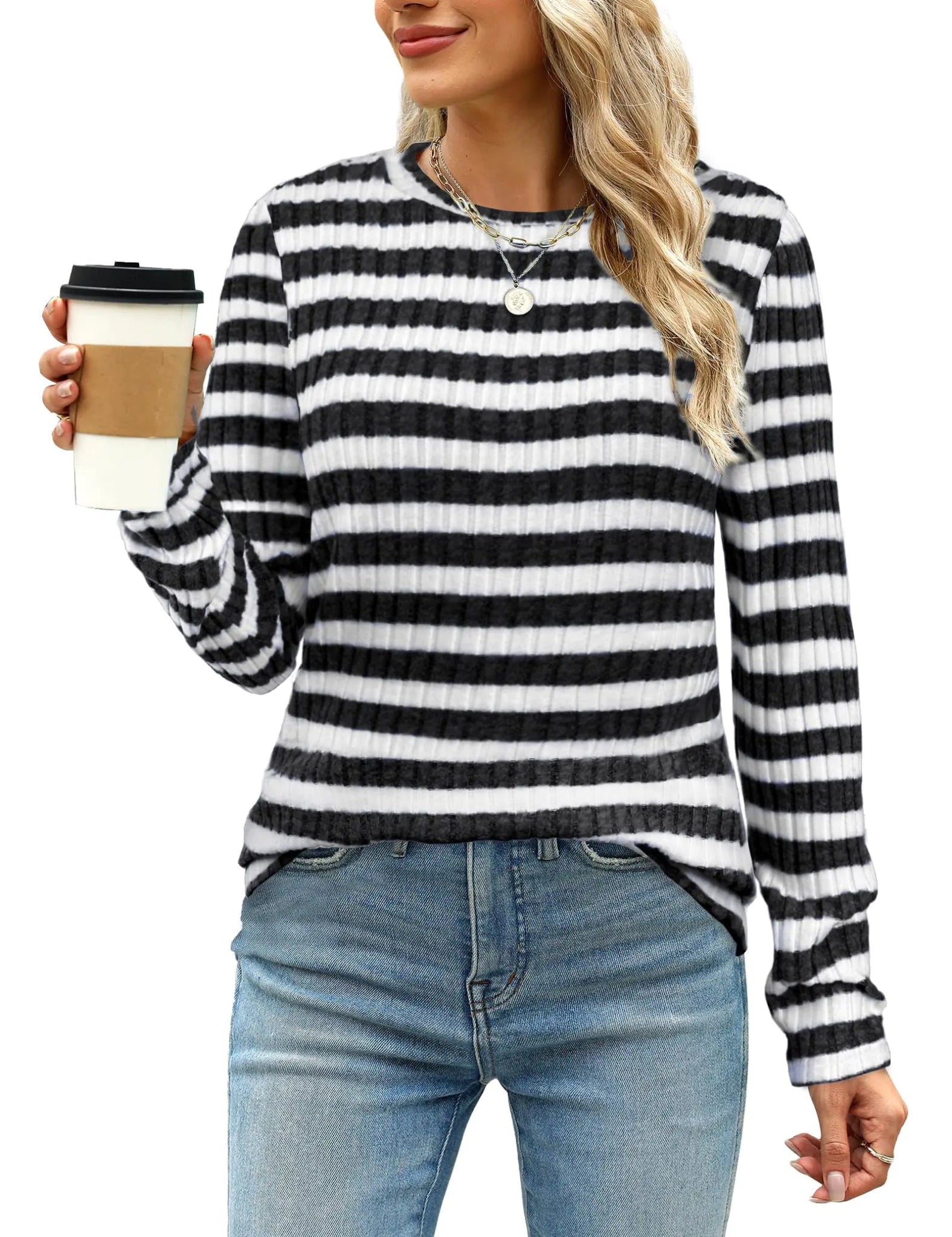 Womens Sweaters Long Sleeve Shirts for Women Fall Fashion 2024 Dressy Casual Crew Neck Sweatshirts Tops Trendy Outfits Tunics Laides Clothes Black & White X - Large - Dakdouksson