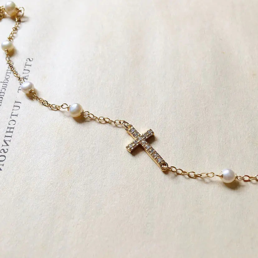 S925 Silver Plated Cross Pearl Bracelet for Women