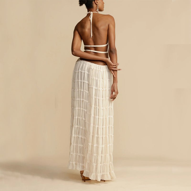 2pcs Women's Dress Suit Sexy Sleeveless Backless Cropped Halter Top And Pleated Long Skirt Beach Clothing - Dakdouksson
