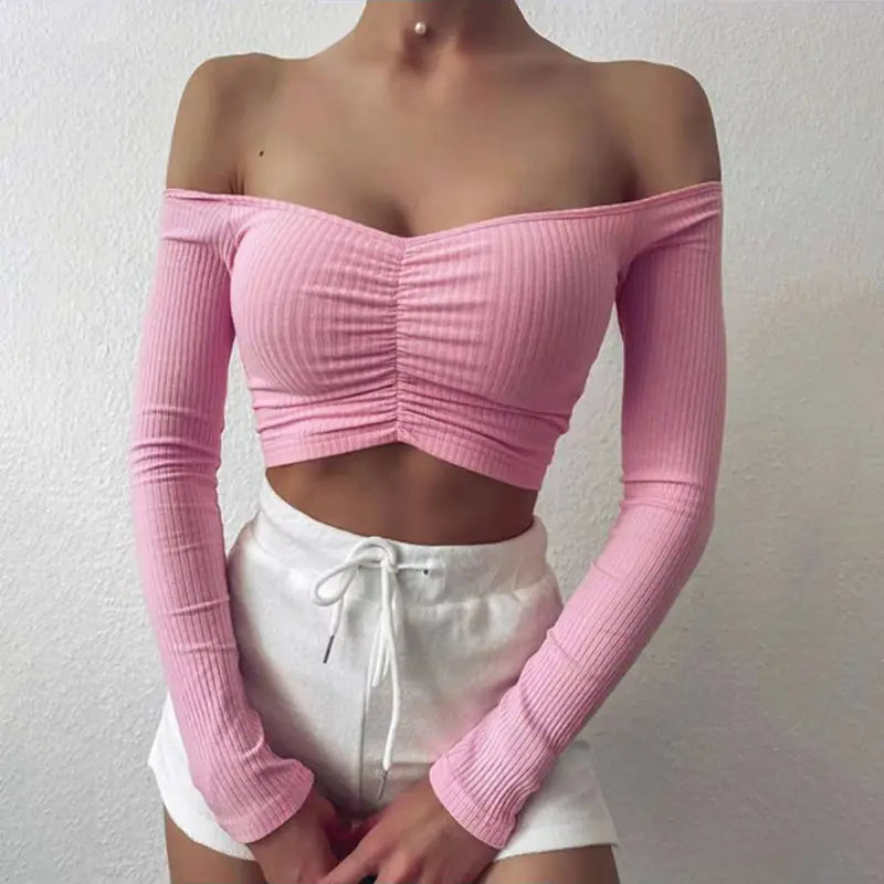 Sweet Solid Color Long Sleeve Off-Shoulder Top for Women